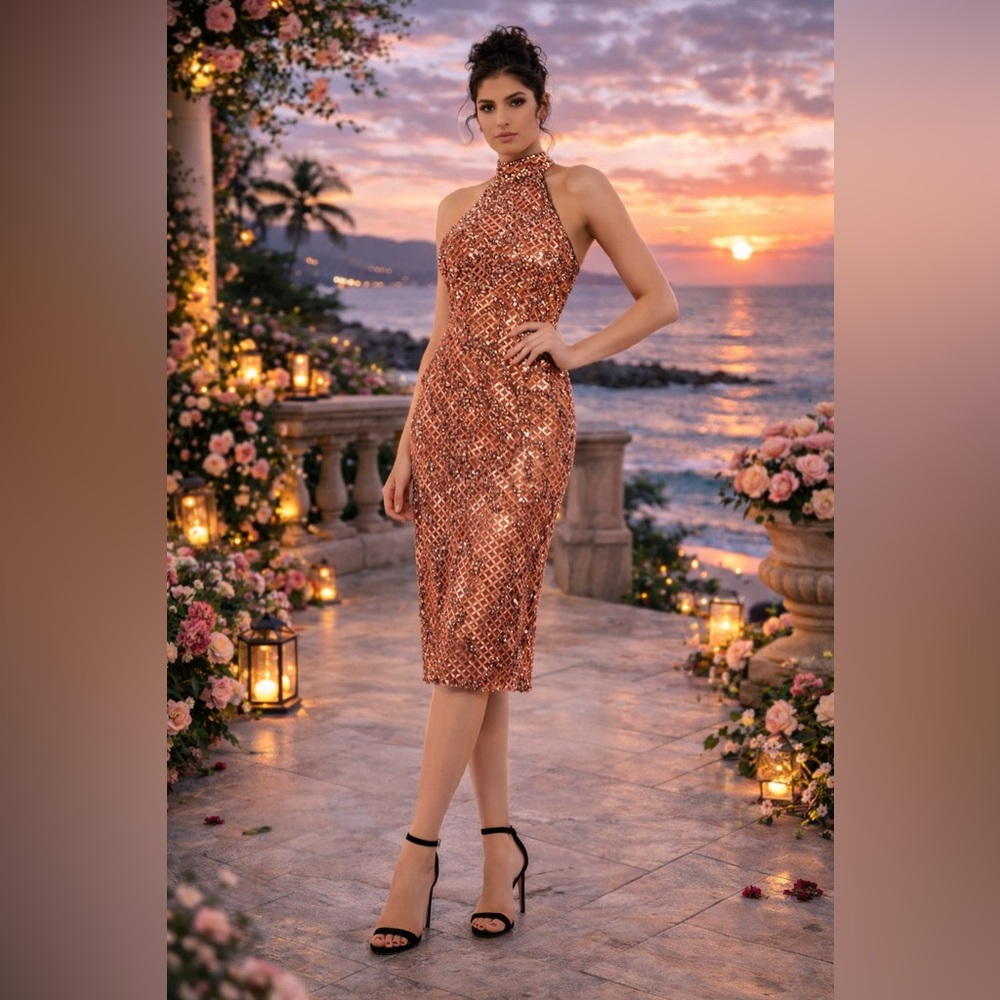 Elegant Sequin Halter Dress - Copper